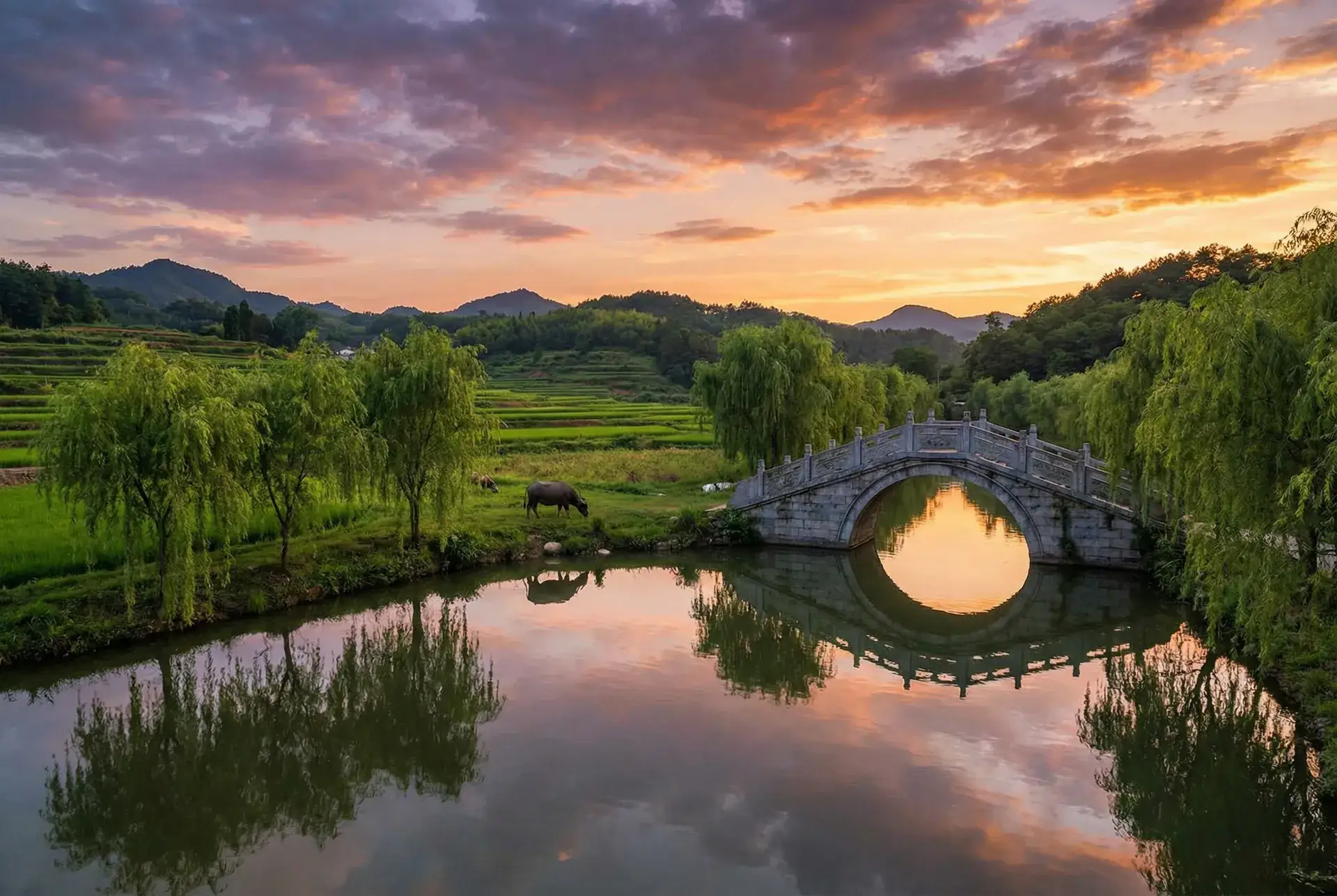 夕阳下的石拱桥与垂柳，水牛在河边吃草 - 两个人的免费完整版 乡村美景